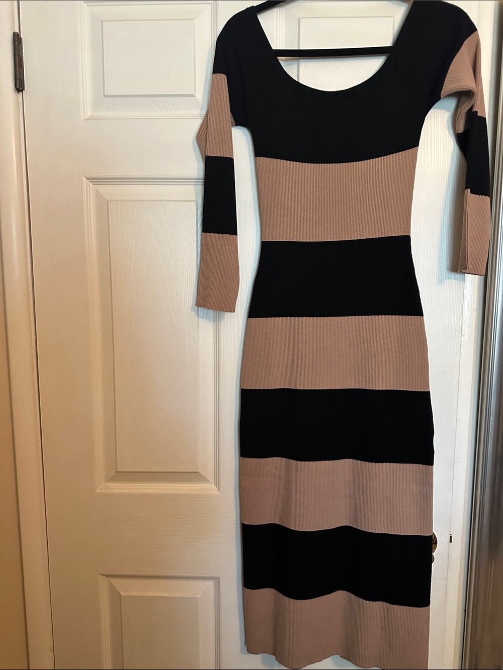 Striped Scoop-Neck Bodycon Dress in Black and Taupe